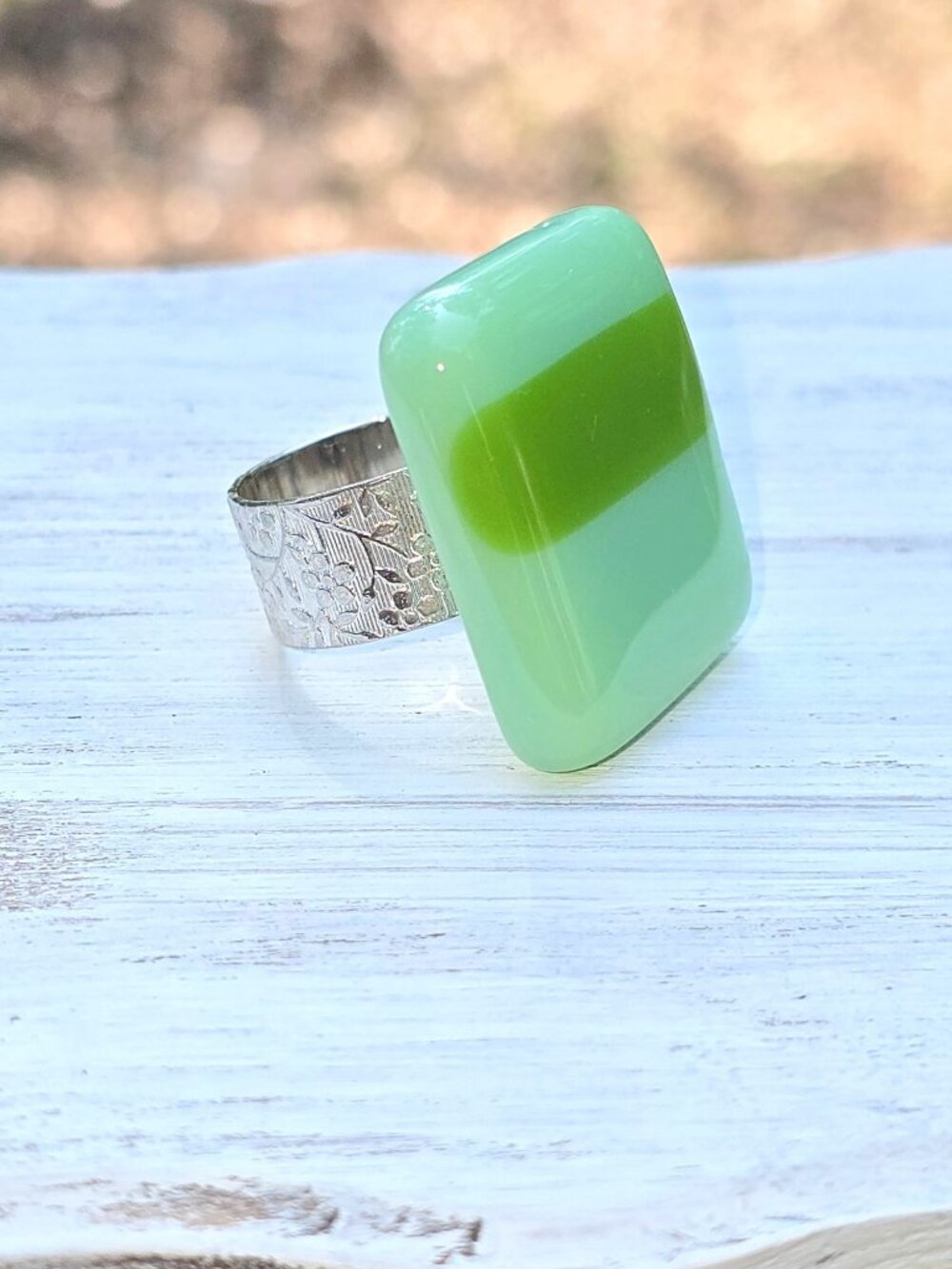 Vintage 90's Artisan Fused Glass Statement Ring w/ Wide Etched Silver-toned Band